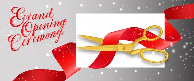 Free vector grand opening ceremony sparkling banner with empty card and gold scissors