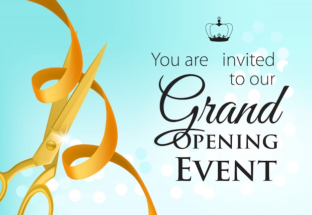 Grand opening event lettering with golden scissors and ribbon