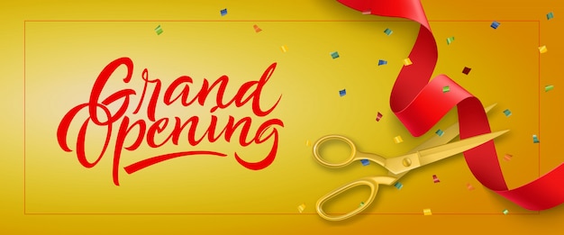 Grand opening festive banner with frame, confetti and gold scissors 