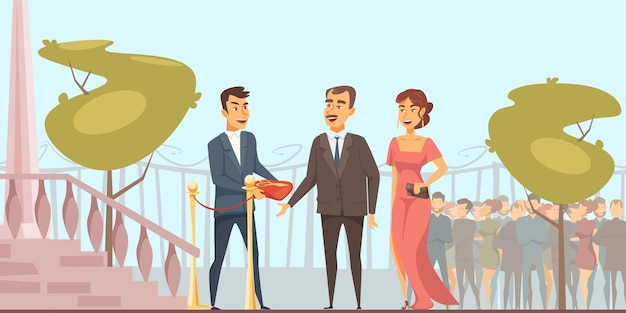 Grand opening illustration people at vip event festive ceremony\
male character holding scissors elegant man and woman couple\
celebrities in luxury clothes