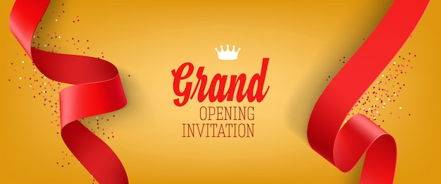 Grand opening invitation yellow banner with red ribbon