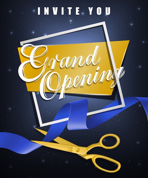 Grand opening, invite you festive poster with white frame and gold scissors