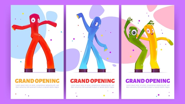 Grand opening promo posters with inflatable figures dancing colorful men with funny faces legs and arms balloon moving characters for outdoor promotion or decoration cartoon vector illustration