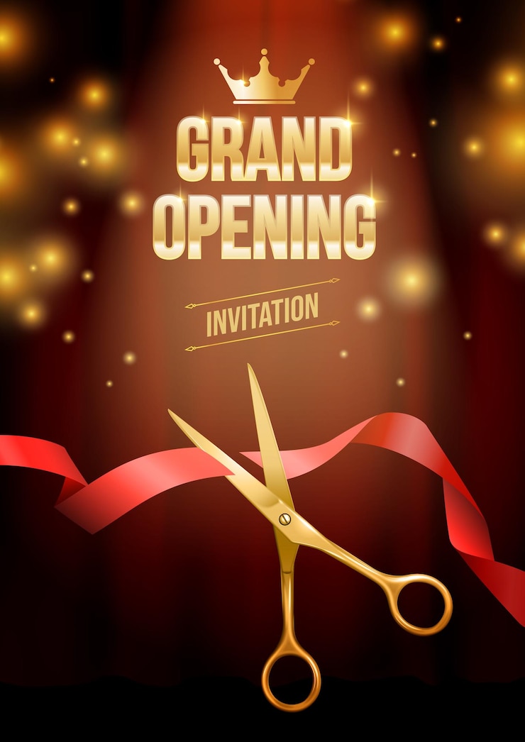 Free Vector grand opening realistic vertical poster invitation template with golden scissors cutting red ribbon vector illustration