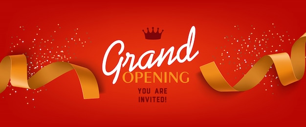 Grand opening red banner with gold ribbon, crown