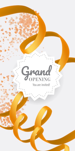 Grand opening You are invited lettering with swirl golden ribbon