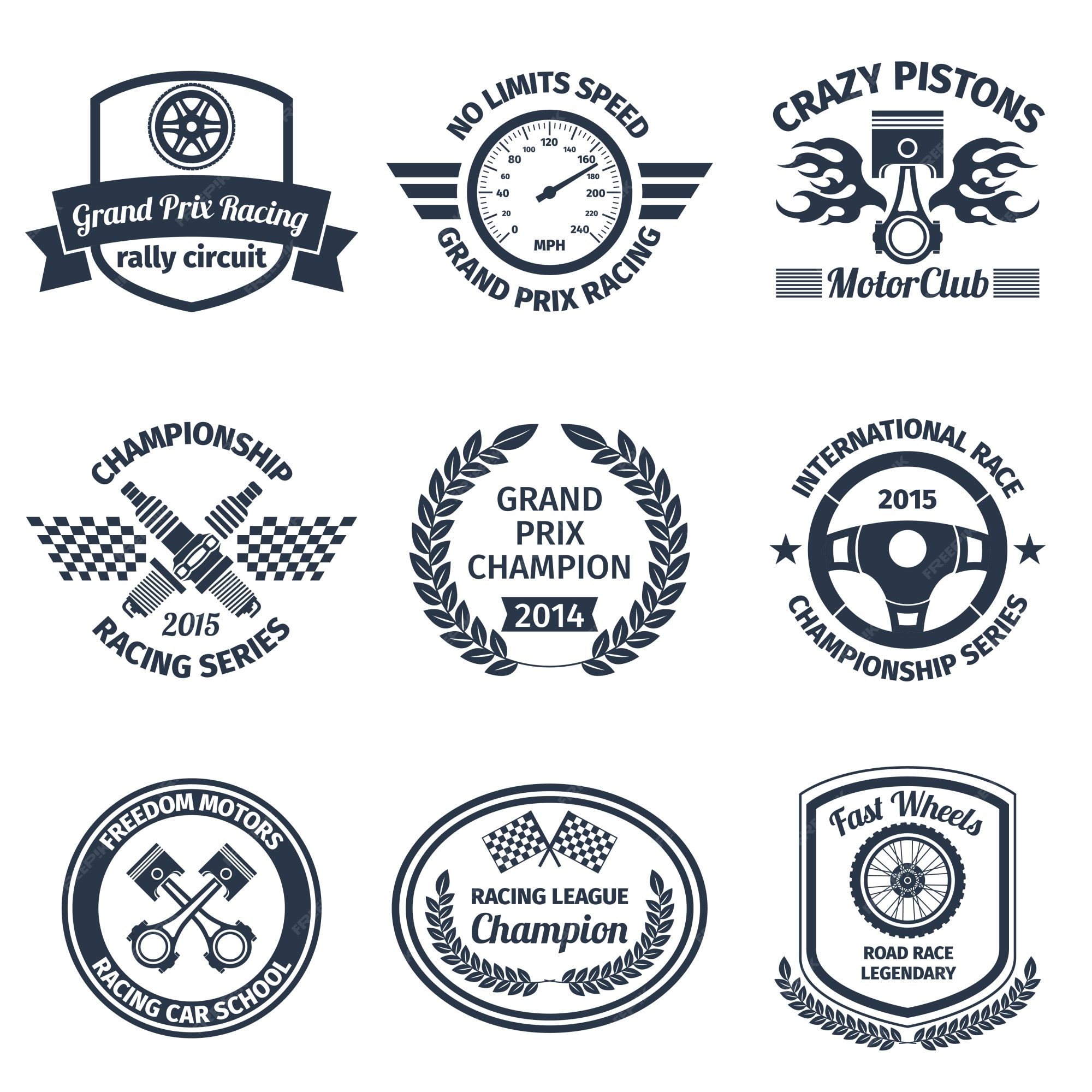 Free Vector  Grand prix racing crazy pistons motorclub black emblems set  isolated vector illustration