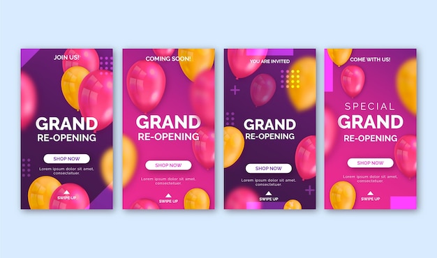 Free vector grand re-opening instagram stories pack