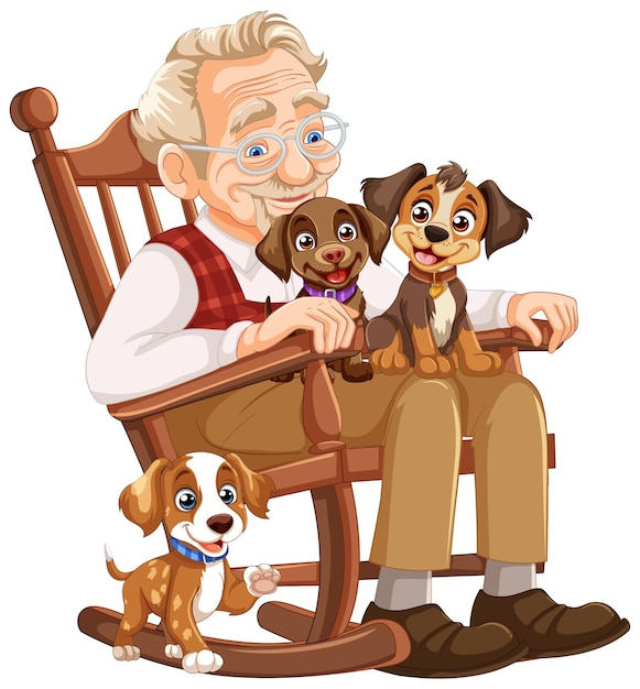 おじいちゃんと子犬がロッキングチェアに座っている