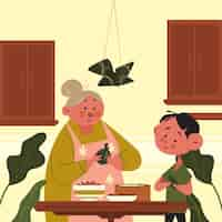 Vettore gratuito nonna e bambino che preparano zongzi