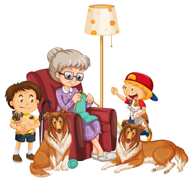 Free vector grandma knitting and her children playing with dogs