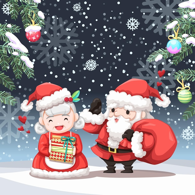 Grandmother and Grandfather dress up as Santa Claus on Christmas night in the snow and Christmas tree
