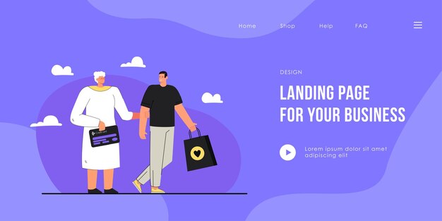 無料ベクター クレジットカードと孫の購入パッケージのランディングページテンプレートを保持している祖母