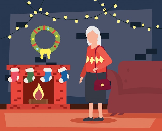 Бесплатное векторное изображение Бабушка в гостиной с рождественские украшения