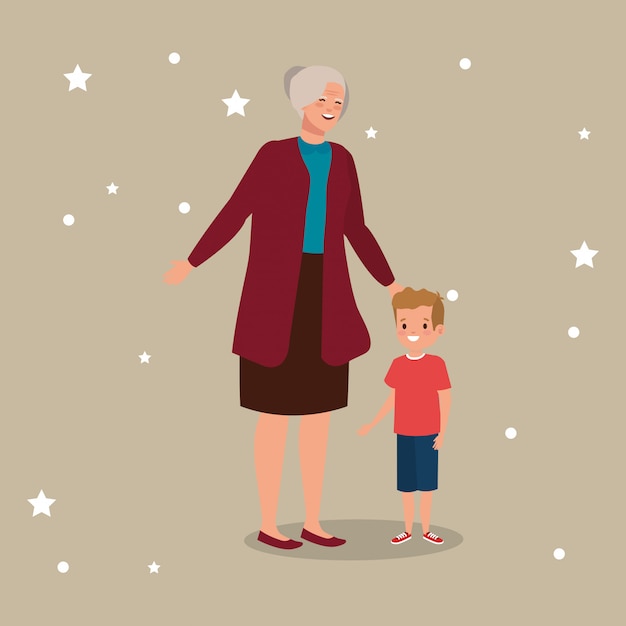 Free vector grandmother with grandson avatar character