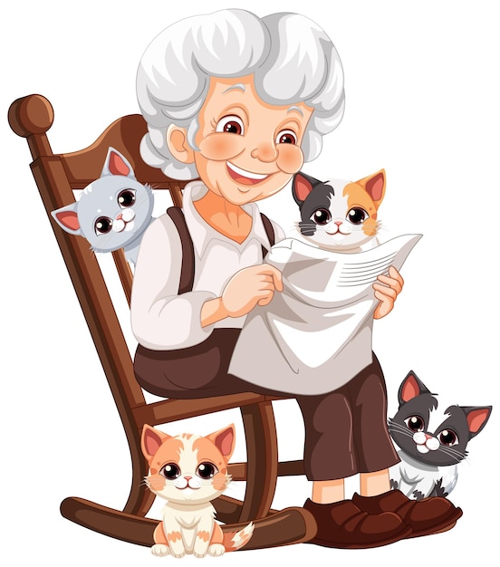 Vettore gratuito illustrazione di una nonna con gattini giocosi