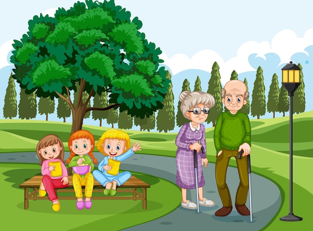 Дедушка и бабушка в парке с многодетными детьми