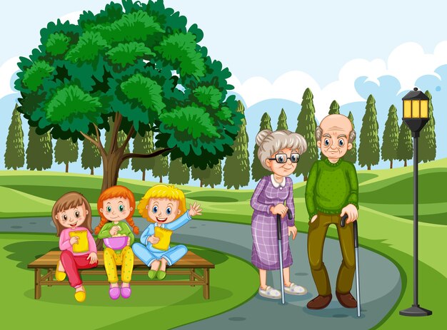 Grandpa and grandma in the park with many children