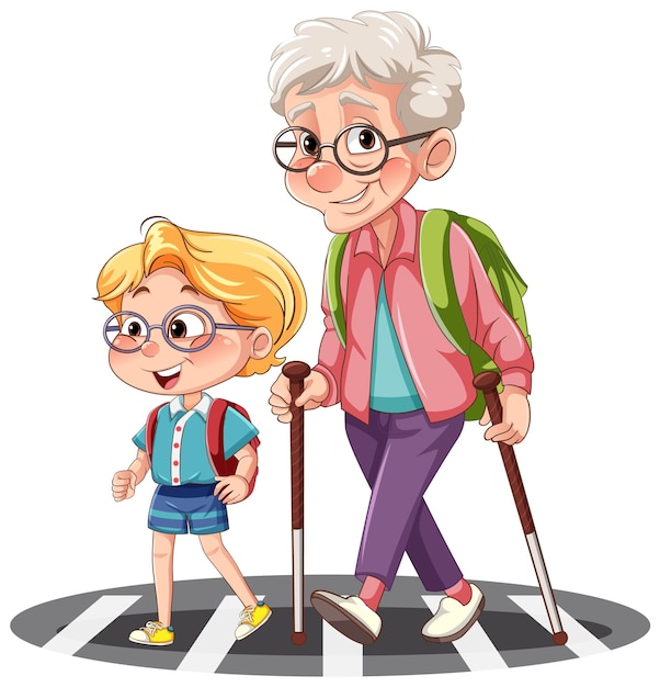Бабушка и дедушка переходят дорогу со студентом