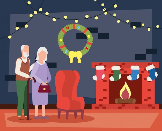 Free vector grandparents couple in living room with christmas decoration