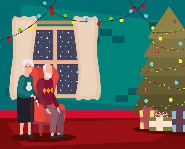 Free vector grandparents couple in living room with christmas decoration