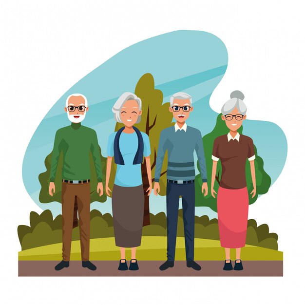 Grandparents couple smiling in nature cartoon