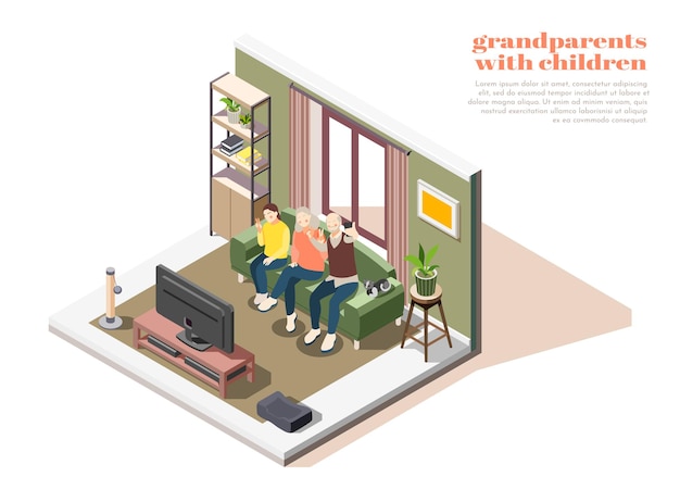 Grandparents with children composition of two elderly people and young girl taking selfies together isometric
