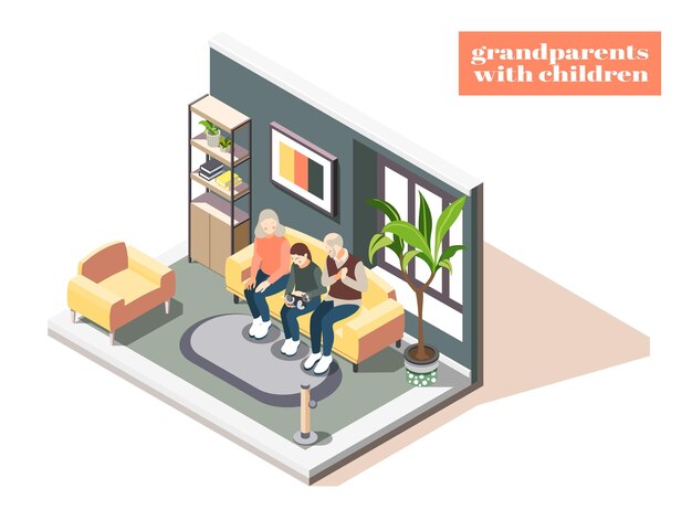 Grandparents with children isometric with grandmother grandfather and their granddaughter in home interior 