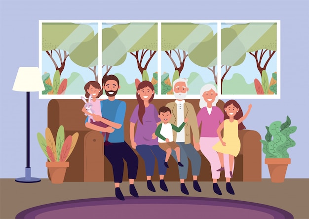 Free vector grandparents with woman and man with kids in the sofa