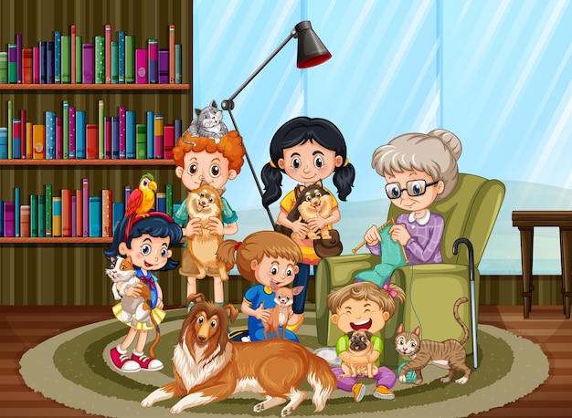 Free vector granny with her grandchildren in the living room