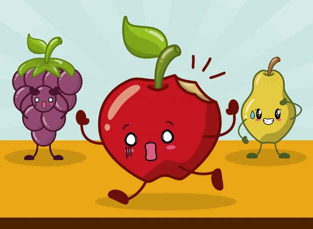 Grape, apple and pear smiling in kawaii style.