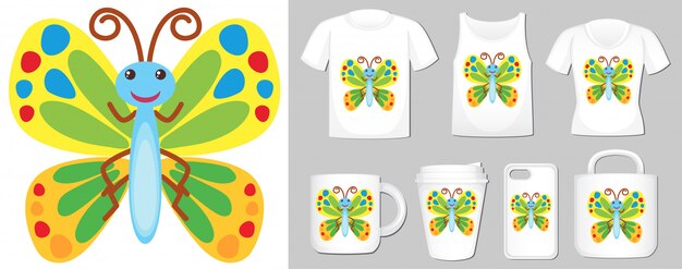 Graphic of colorful butterfly on different product templates