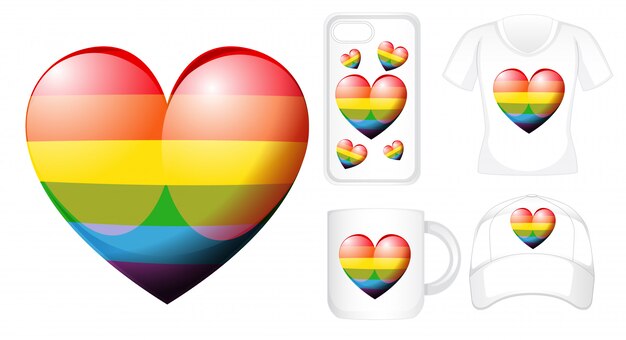 Graphic design on different products with rainbow heart