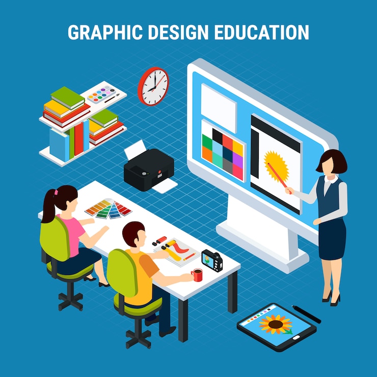 Free Vector graphic design education process in classroom with two students 3d isometric vector illustration
