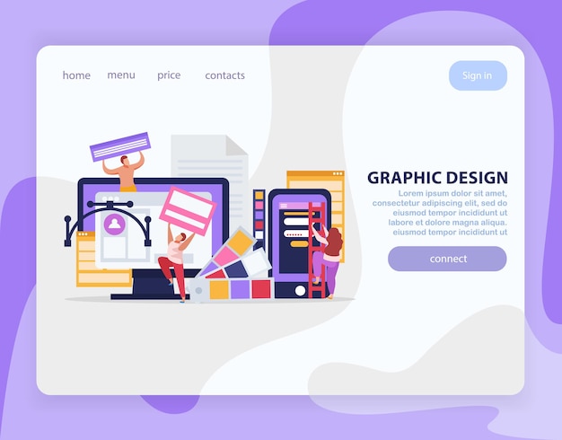 Graphic design flat landing page with links and bit violet button connect