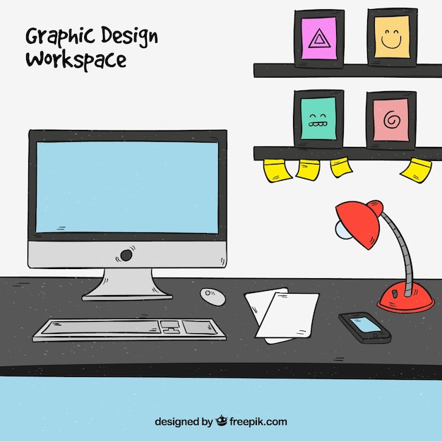 Free vector graphic design workspace background in hand drawn style