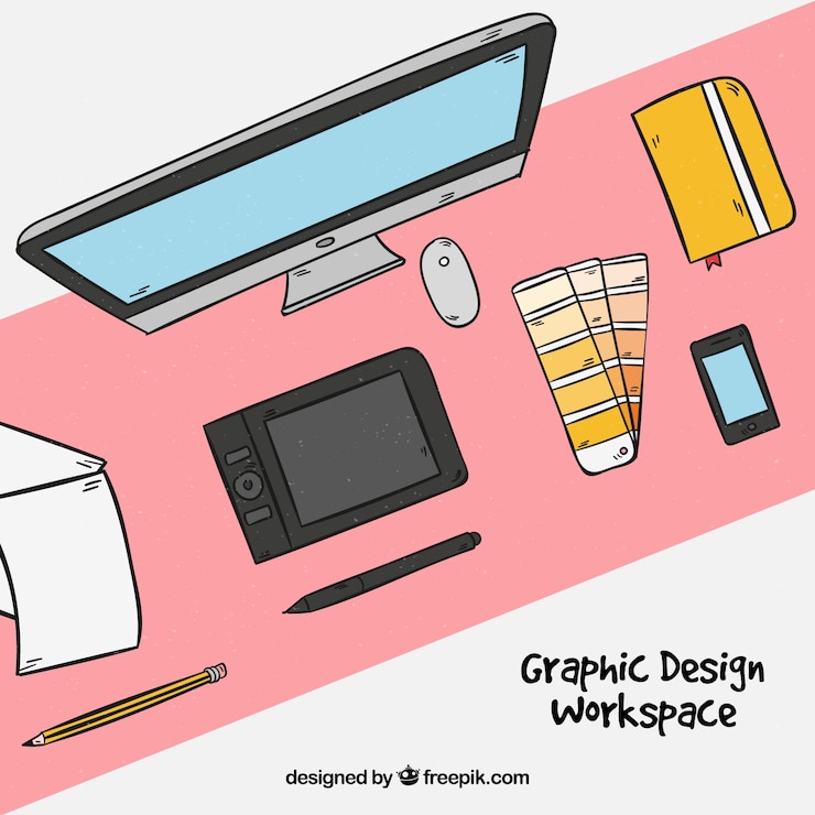 Free Vector graphic design workspace background in hand drawn style