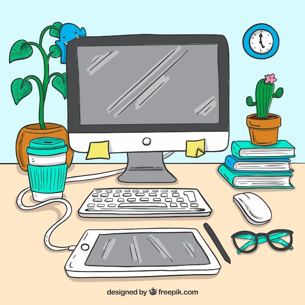 Free vector graphic design workspace background in hand drawn style