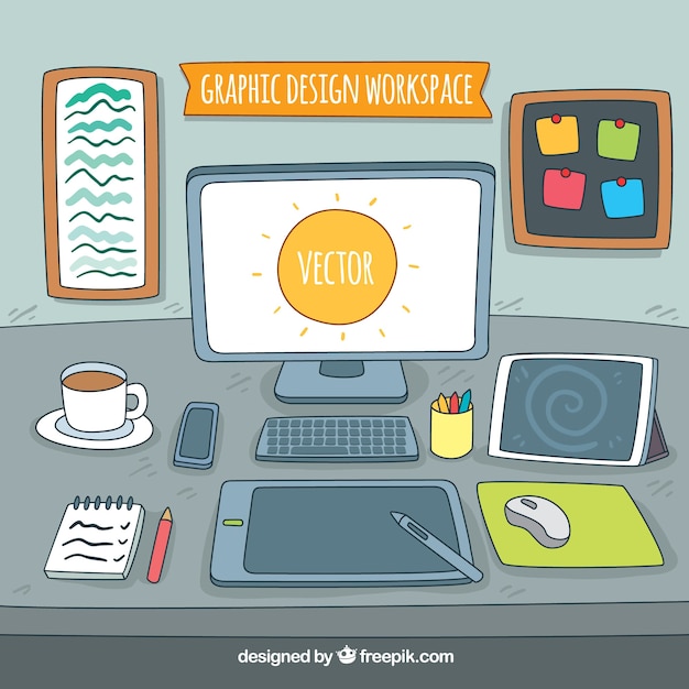 Free vector graphic design workspace background in hand drawn style