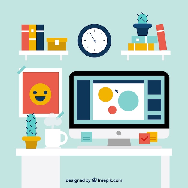 Free vector graphic design workspace background in hand drawn style