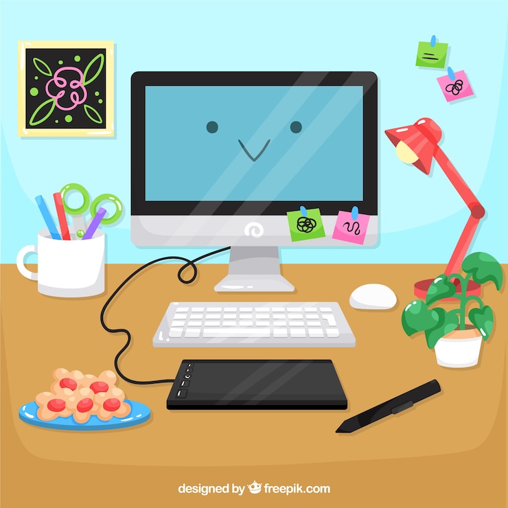Free Vector graphic design workspace background in hand drawn style