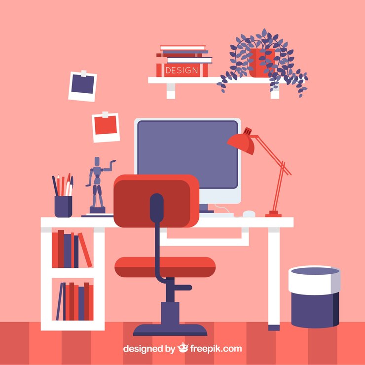 Free Vector graphic design workspace background in hand drawn style
