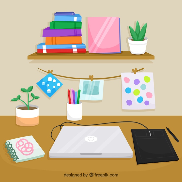Free Vector graphic design workspace background in hand drawn style