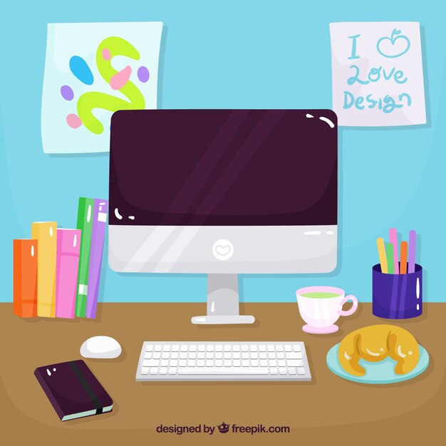 Graphic design workspace background in hand drawn style