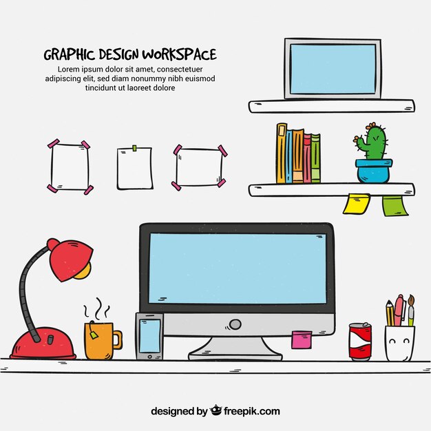 Graphic design workspace background in hand drawn style