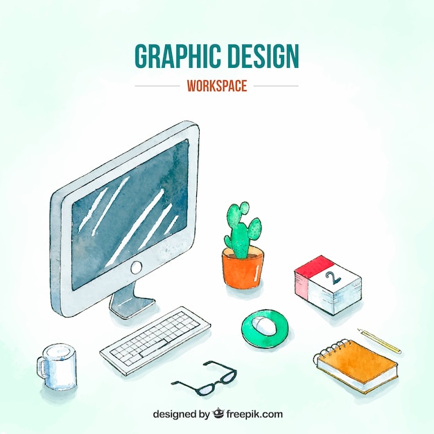 Graphic design workspace background in hand drawn style