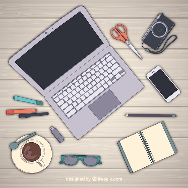 Graphic design workspace background in hand drawn style