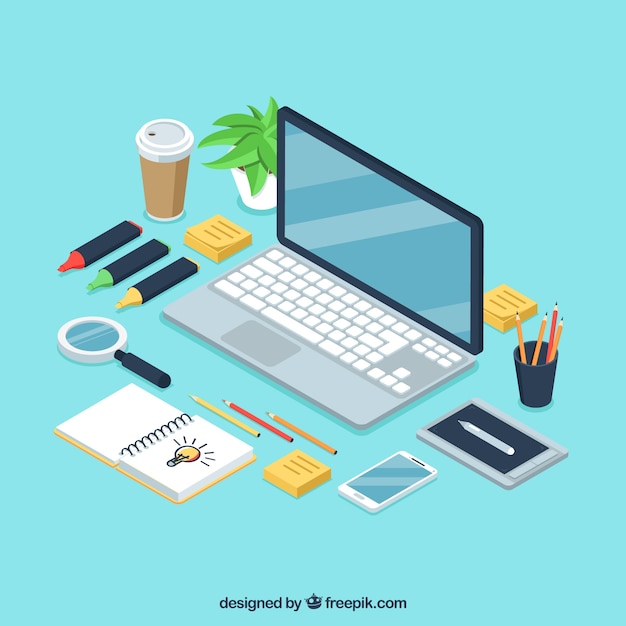 Graphic design workspace background in isometric style