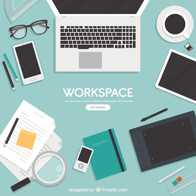Графический дизайн рабочего пространства фон с столом и инструментами