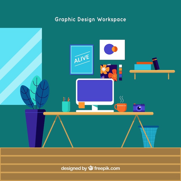 机とツールを備えたグラフィックデザインワークスペースの背景
